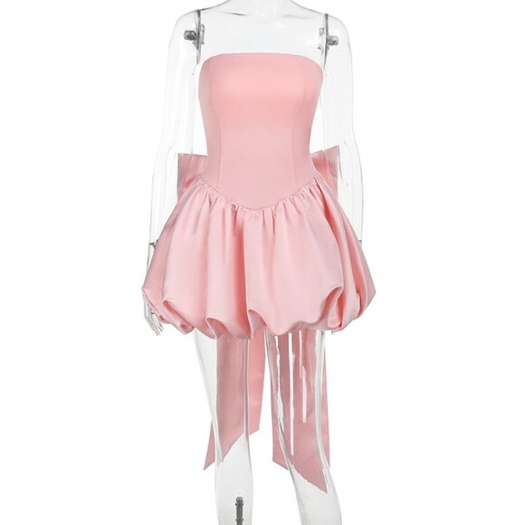 Romantic Pink Satin Bubble Hem Mini Dress - Strapless Bow Back Party Gown - Picture 2 of 9